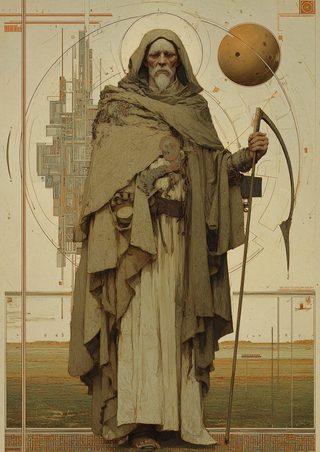 Painted plate of Saturn as a hooded old man holding a scythe, with a gilded sphere behind him.